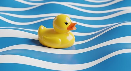 A yellow rubber ducky floats on wavy blue and white water
