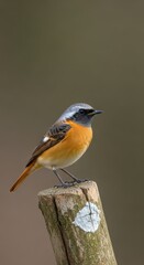 Colorful redstart perched on a wooden post in nature, watching around