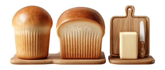 Freshly Baked Bread Loaves with Butter and Knife on Wooden Cutting Board