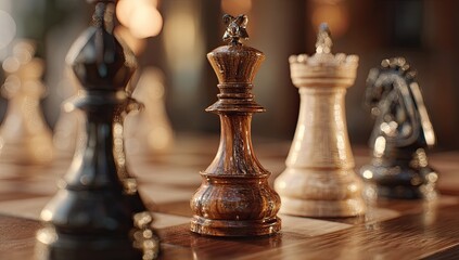 Fototapeta premium Close-up of chess pieces on a wooden board