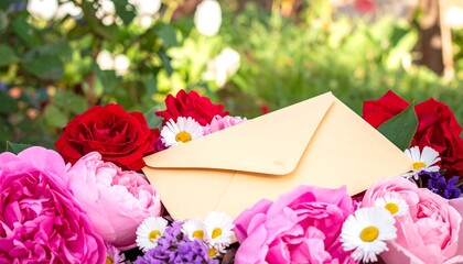 A beige envelope nestled amidst a vibrant bouquet of roses, peonies, and daisies.  Soft focus on the flowers, creating a romantic, gentle background
