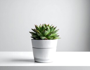 Succulent in white pot on white surface