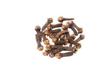 Whole dried cloves pile on white background, culinary