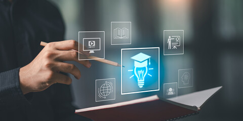 Modern education innovation concept with glowing holographic icons, symbolizing online learning, global knowledge sharing, academic growth, and future digital education systems.
