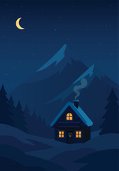 house in the forest in night. Ski resort