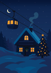 house in the night with snow and ski lifts. 