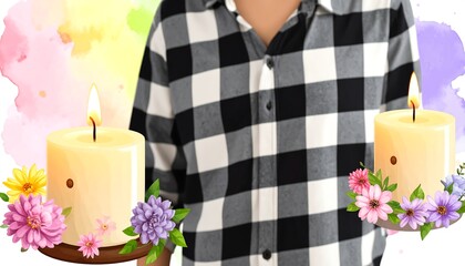 Two candles, floral accents, and a checkered shirt