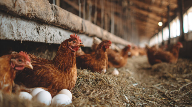 Brown chickens resting on straw in an indoor barn setting, with white eggs laid nearby, showcasing a tranquil farm environment and natural lighting filtered through the windows.