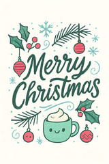 Hand-Lettered Merry Christmas Greeting with Holly, Ornaments, and Snowflakes in Whimsical Pen-and-Ink Style