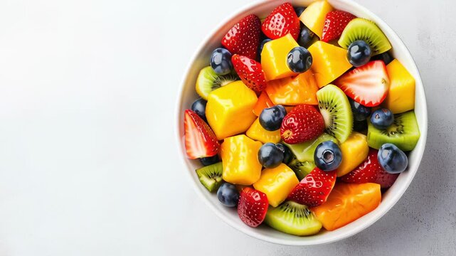 Vibrant fruit salad with strawberries, blueberries, kiwi, mango, and grapes in white bowl, perfect for healthy snack or dessert bursting with refreshing flavors