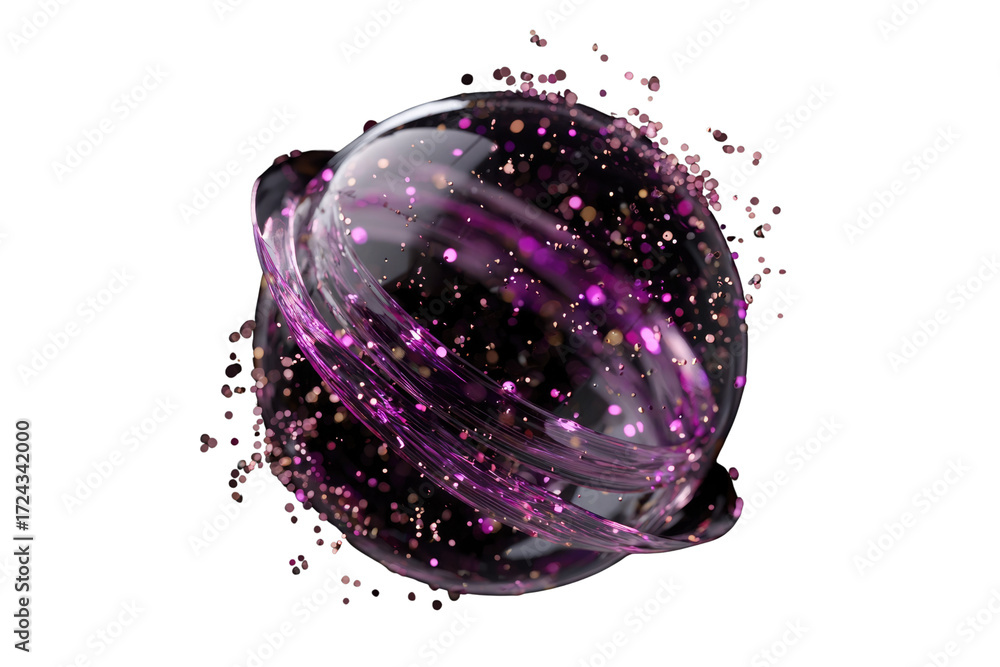 Wall mural abstract 3d render of a transparent sphere with purple glitter and sparkling particles. background r