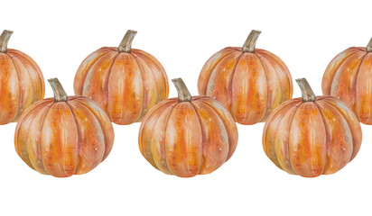 Watercolor seamless border with orange pumpkin on white background. October autumn vegetable raw food for sticker or halloween card. Hand-drawn rim for kitchen. Wallpaper and wrapping or textile