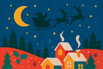 Fototapeta premium Santa Claus Sleigh Flying Over Snowy Village with Reindeer and Starry Night Sky