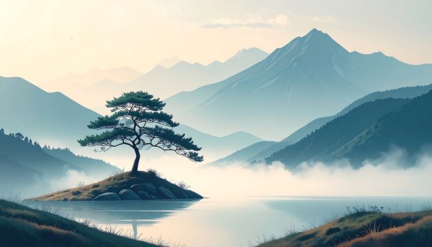 Misty mountain lake with solitary pine tree - Powered by Adobe