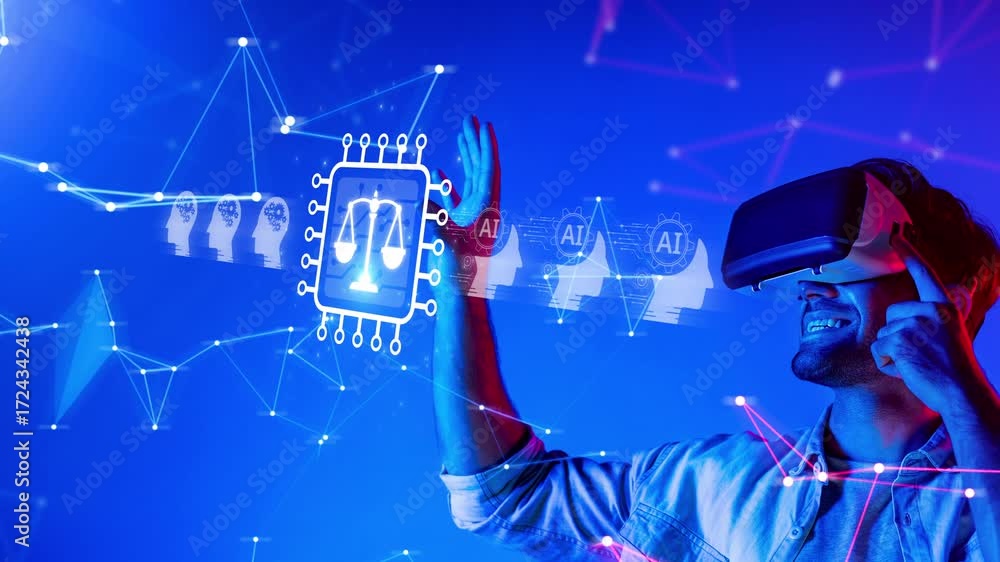 Poster a young man engages with advanced virtual reality technology, exploring concepts of justice and arti