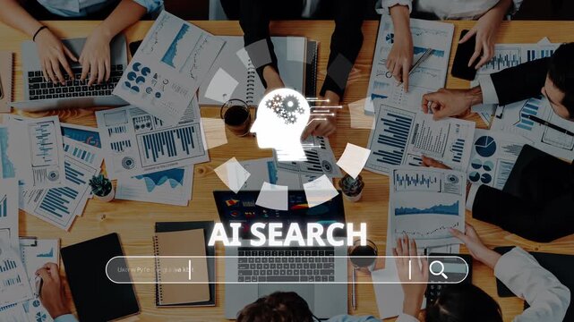 Engaging teamwork scene showcasing professionals collaborating over data analysis and AI tools, with charts and laptops spread across a table in a modern office setting. Raster