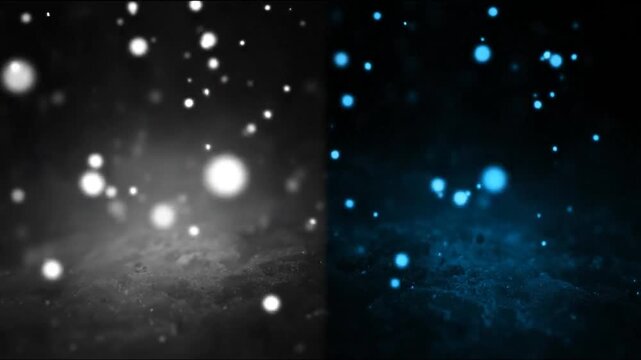 Split-screen showcases blurred glowing orbs over textured, dark surfaces in two colorations