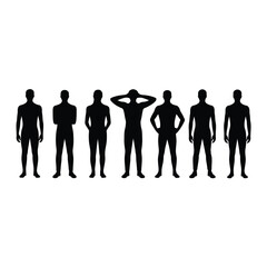 Silhouettes of seven men in various poses group people