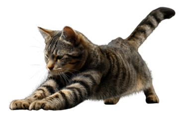 A tabby cat stretches languidly, showcasing its sleek, striped fur and paws. background removed