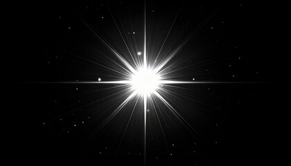 A bright white star light flare glowing in the dark, sharp cross shape light rays