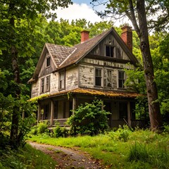 Abandoned house nestled in woods