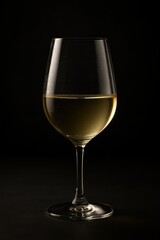 Elegant glass of chilled white wine with golden highlights delicate condensation and soft reflections set against moody dark background for upscale beverage branding and hospitality editorials