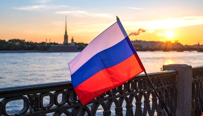 Russian flag at sunset over the Neva River