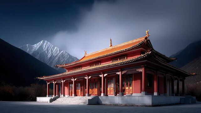 Majestic Chinese Temple Architecture Under Snow Mountain