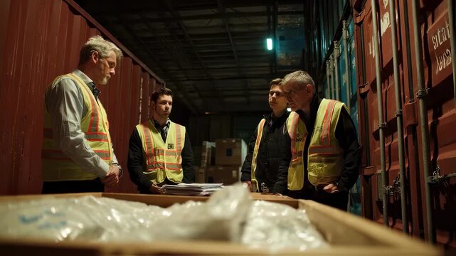 An interior shot of a customs shed where a team of inspectors in safety vests discusses a potential irregularity in the manifest while a sealed container stands open beside them revealing