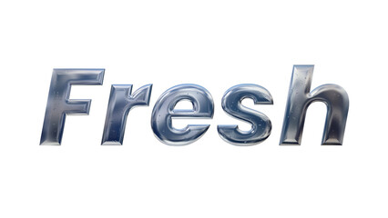 “Fresh” in 3D icy metal letters with water droplets and misty blue background