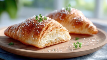 Golden Croissants Sprinkled with Sugar on a Wooden Plate with a Soft Focus Background