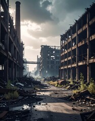 Abandoned industrial complex, sunlit ruins