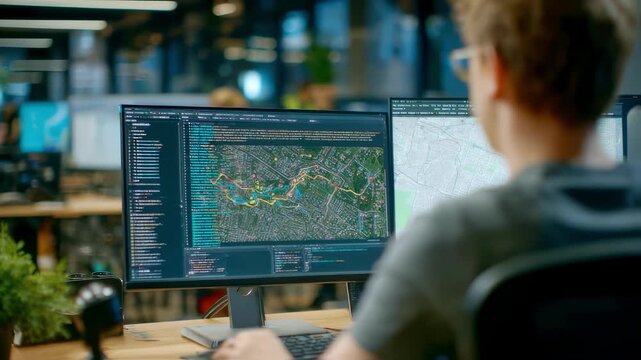 Medium shot featuring a software developer tweaking AIoptimized delivery algorithms on a computer screen with code and route visuals in sharp focus and a softly blurred office