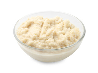 Tasty horseradish sauce in glass bowl isolated on white