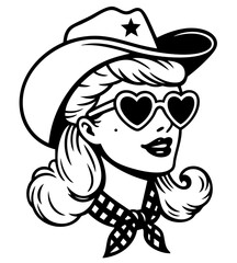 Pin-up cowgirl with heart sunglasses and scarf, retro 50s style vintage cocktail lady and classic rockabilly glamour