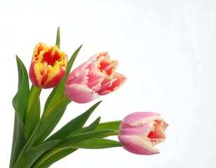 Three tulips in varying shades of pink and orange, set against a white background