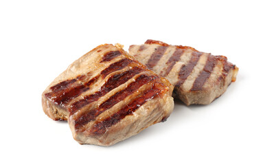 Steaks of delicious grilled beef meat isolated on white