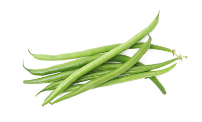 Fresh green bean pods isolated on white, top view