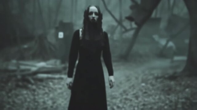 Mysterious gothic woman with black metal jaw piece and dark makeup emerges from a misty, ethereal forest, creating an eerie and haunting atmosphere
