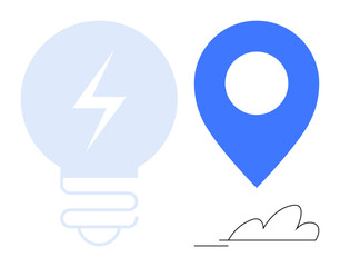 Large lightbulb with lightning bolt, blue location pin, and minimal cloud outline. Ideal for creativity, innovation, location, navigation, brainstorming, strategy technology and simplicity themes