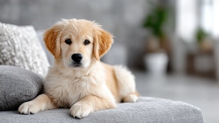 Golden Retriever Puppy Covered in White Specks Lying on Gray Couch Adorable Dog with Light Fur Indoor Setting and Blurred Background