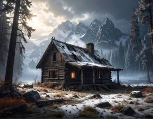 Abandoned log cabin in snowy mountain landscape