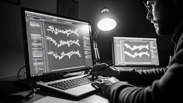 Editing Audio on Computer at Night Person Working in Dark Room