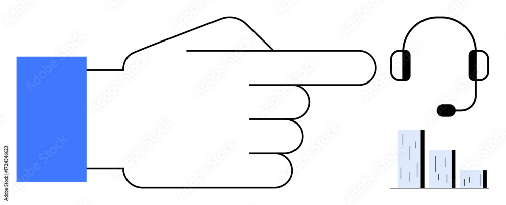 Poster large pointing hand near a headset representing communication and bar graph highlighting growth. ide