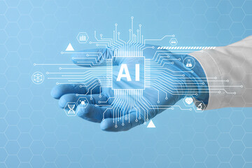 Artificial intelligence medical assistant. Healthcare worker holding virtual scheme with AI microchip and icons, closeup