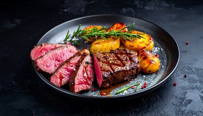 Sliced steak and roasted potatoes on a plate