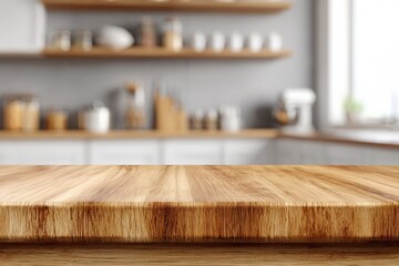 Empty wooden kitchen countertop providing copy space with a modern, blurred kitchen featuring shelves and utensils in the background