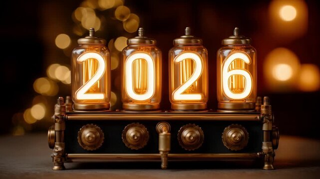 Steampunk nixie tube clock showing 2026, New Year countdown animation