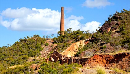 Abandoned mine site with tall brick chimney