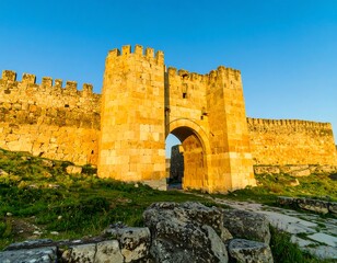 Ancient stone gate under a golden sunrise